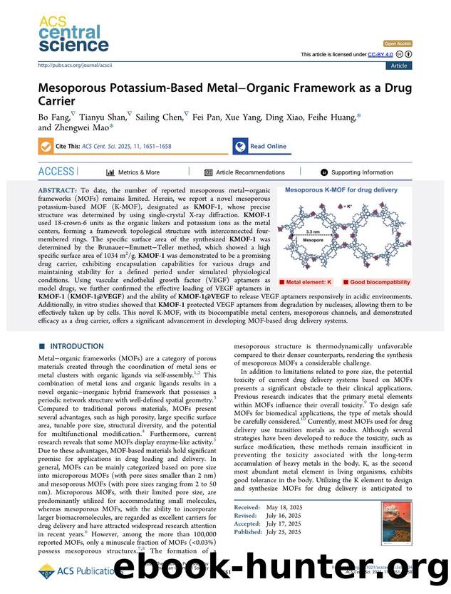 Mesoporous Potassium-Based MetalâOrganic Framework as a Drug Carrier by Bo Fang & Tianyu Shan & Sailing Chen & Fei Pan & Xue Yang & Ding Xiao & Feihe Huang & Zhengwei Mao