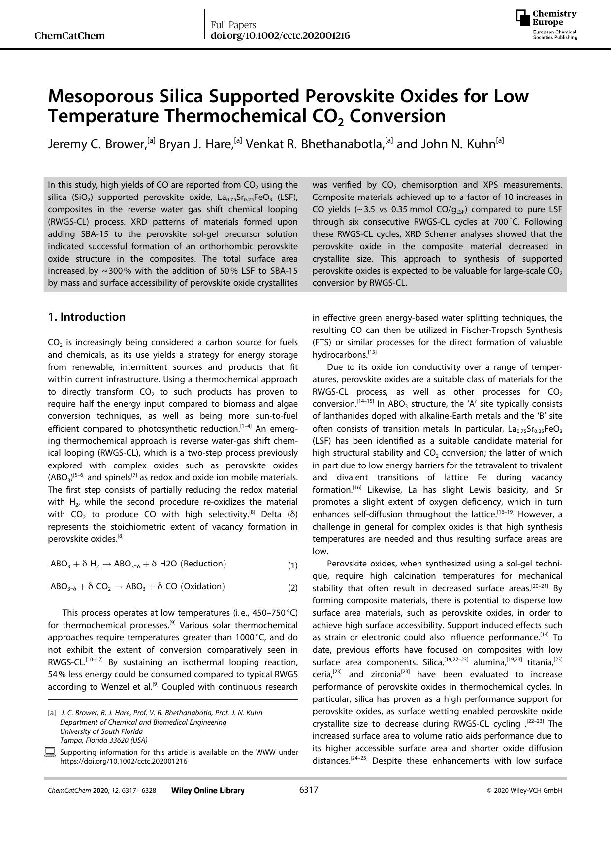 Mesoporous Silica Supported Perovskite Oxides for Low Temperature Thermochemical CO2 Conversion by Unknown