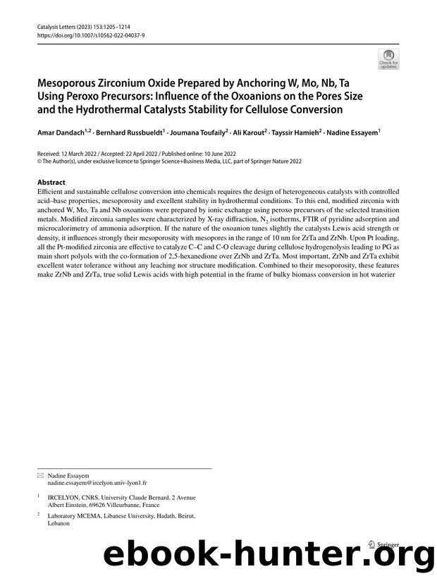 Mesoporous Zirconium Oxide Prepared by Anchoring W, Mo, Nb, Ta Using Peroxo Precursors: Influence of the Oxoanions on the Pores Size and the Hydrothermal Catalysts Stability for Cellulose Conversion by unknow