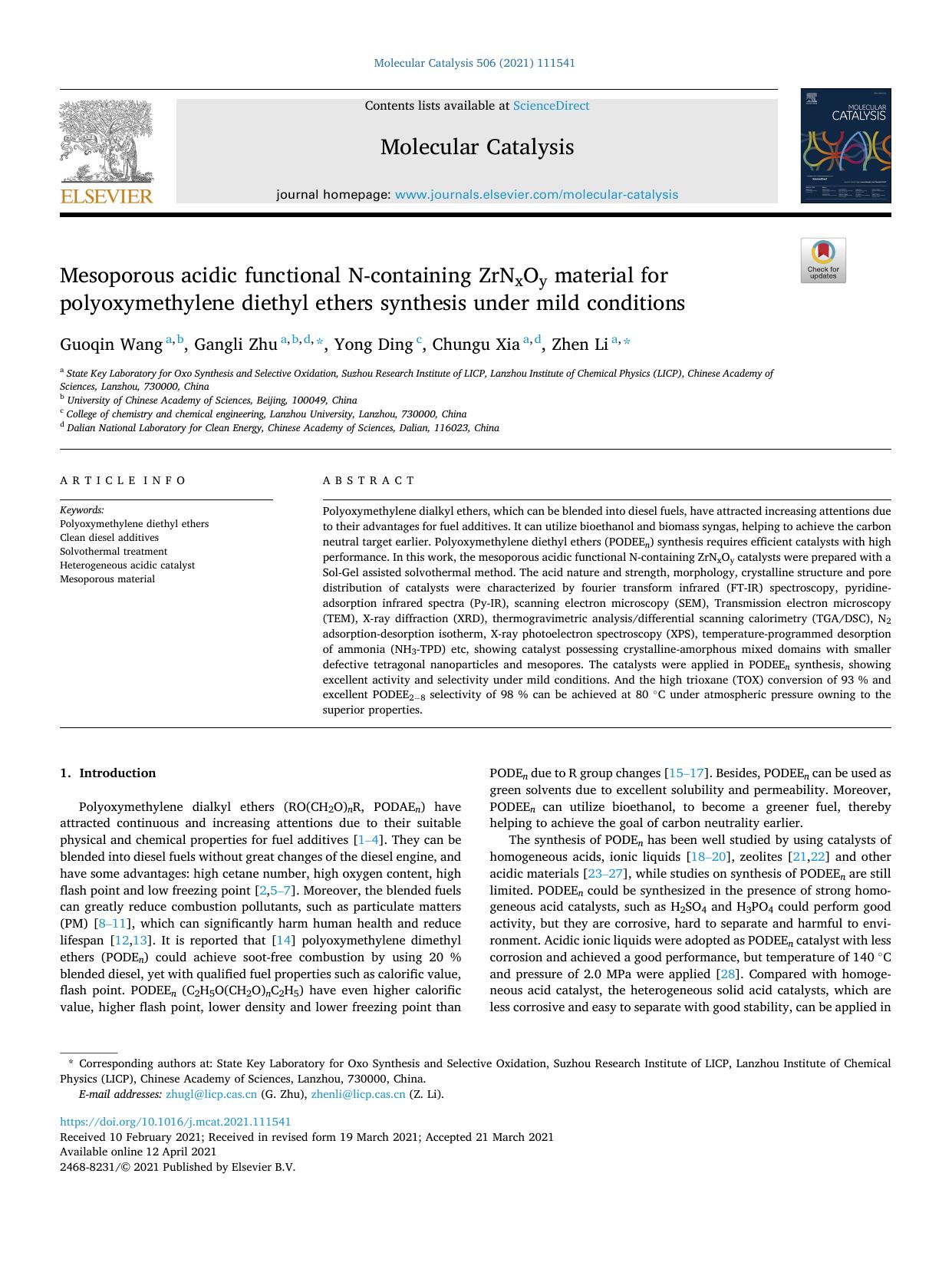 Mesoporous acidic functional N-containing ZrNxOy material for polyoxymethylene diethyl ethers synthesis under mild conditions by Guoqin Wang & Gangli Zhu & Yong Ding & Chungu Xia & Zhen Li