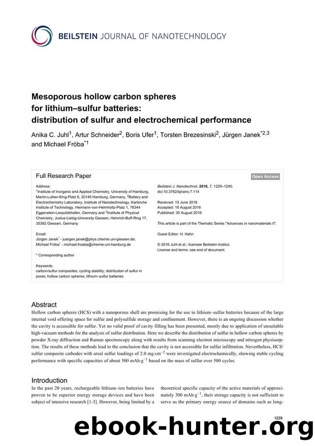 Mesoporous hollow carbon spheres for lithiumâsulfur batteries: distribution of sulfur and electrochemical performance by Anika C. Juhl Artur Schneider Boris Ufer Torsten Brezesinski Jürgen Janek Michael Fröba