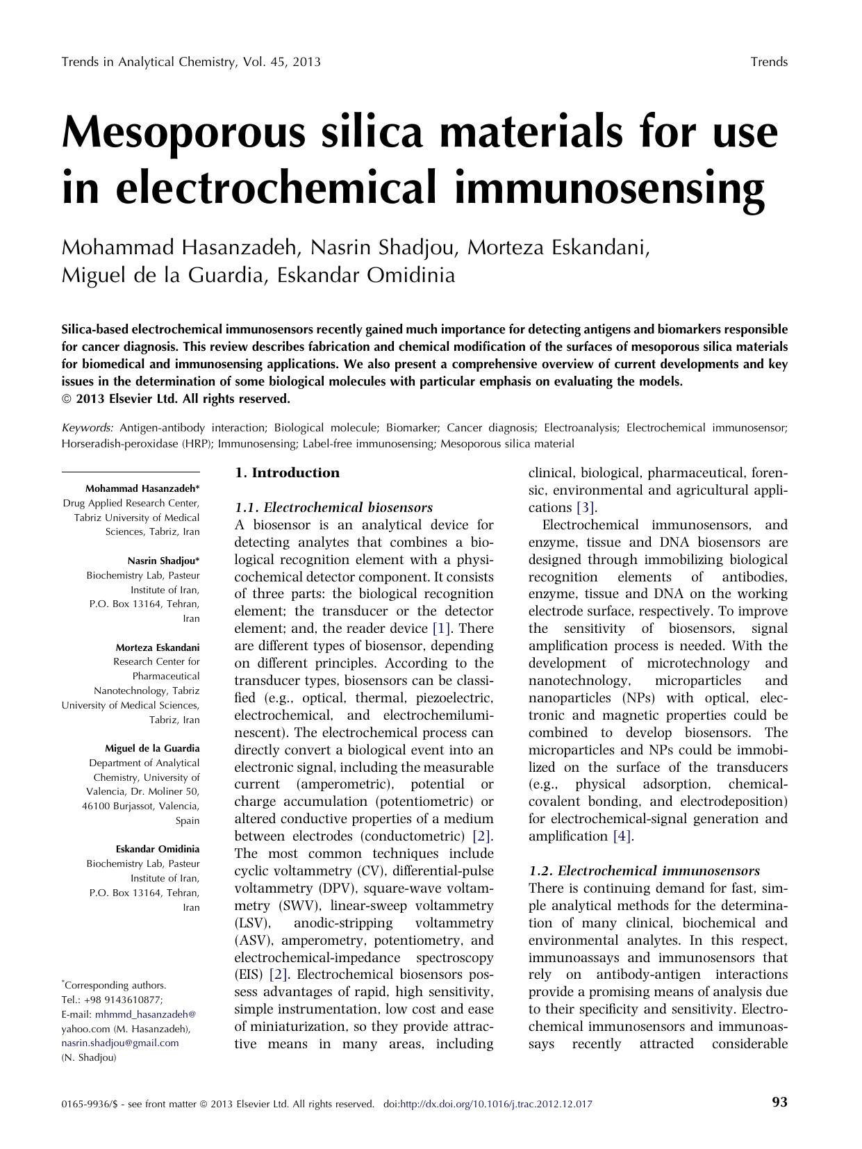 Mesoporous silica materials for use in electrochemical immunosensing by Mohammad Hasanzadeh & Nasrin Shadjou & Eskandar Omidinia & Morteza Eskandani & Miguel de la Guardia