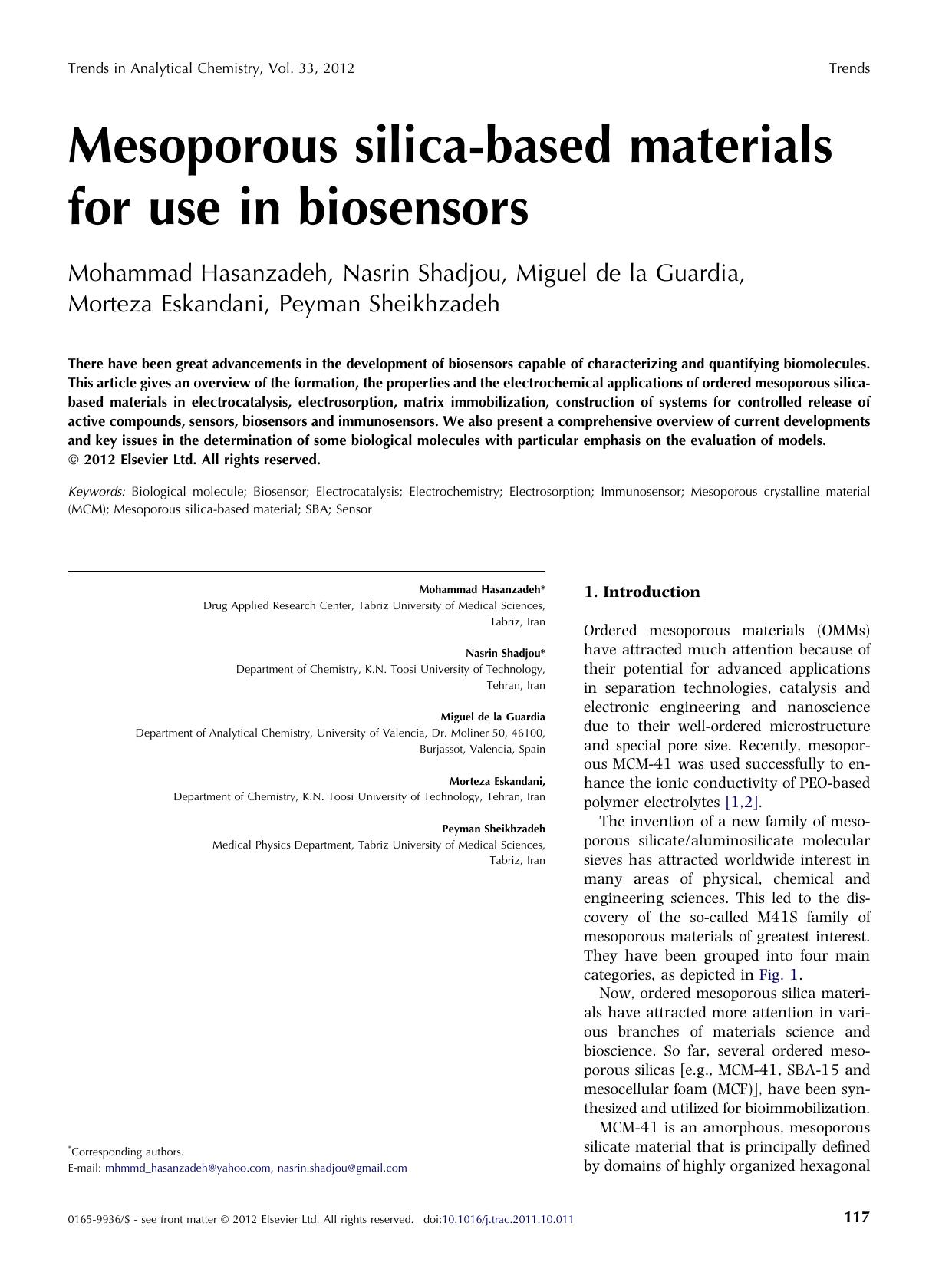 Mesoporous silica-based materials for use in biosensors by Mohammad Hasanzadeh & Nasrin Shadjou & Miguel de la Guardia & Majid Jafarian & Peyman Sheikhzadeh
