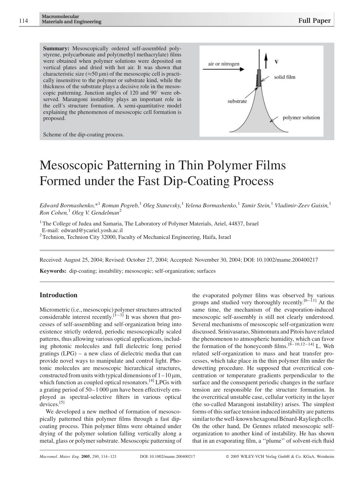 Mesoscopic Patterning in Thin Polymer Films Formed under the Fast Dip-Coating Process by Unknown