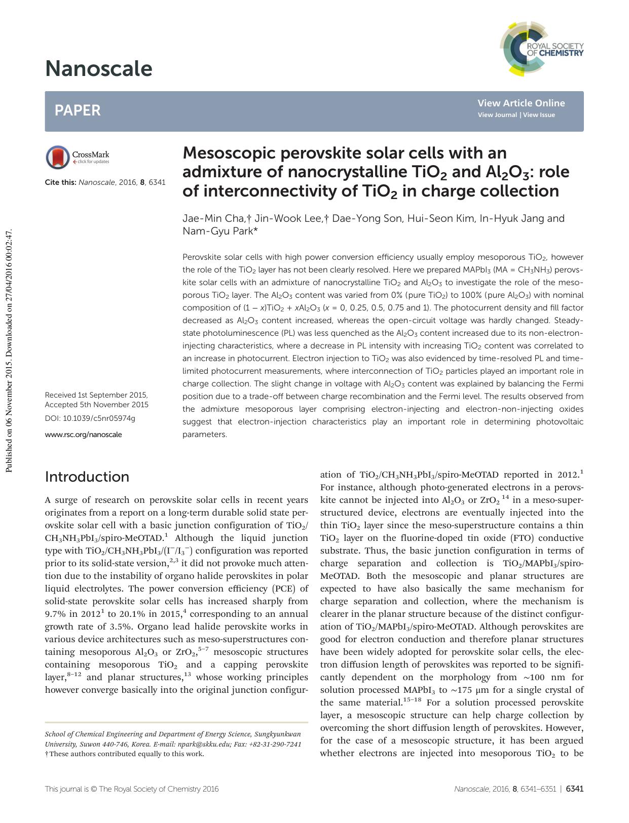Mesoscopic perovskite solar cells with an admixture of nanocrystalline TiO2 and Al2O3: role of interconnectivity of TiO2 in charge collection by Jae-Min Cha Jin-Wook Lee Dae-Yong Son Hui-Seon Kim In-Hyuk Jang Nam-Gyu Park