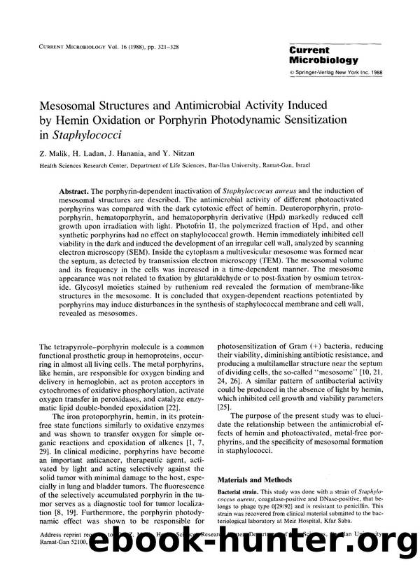 Mesosomal structures and antimicrobial activity induced by hemin oxidation or porphyrin photodynamic sensitization in <Emphasis Type="Italic">Staphylococci <Emphasis> by Unknown
