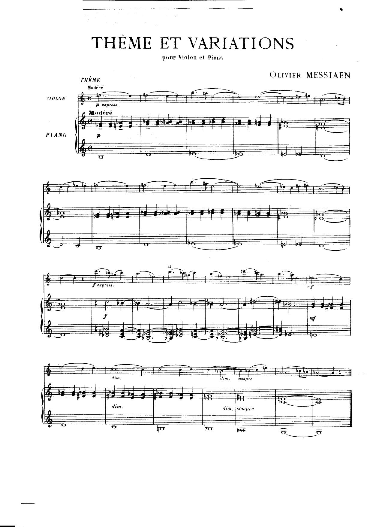 Messiaen by Thème et Variations Vl pno score