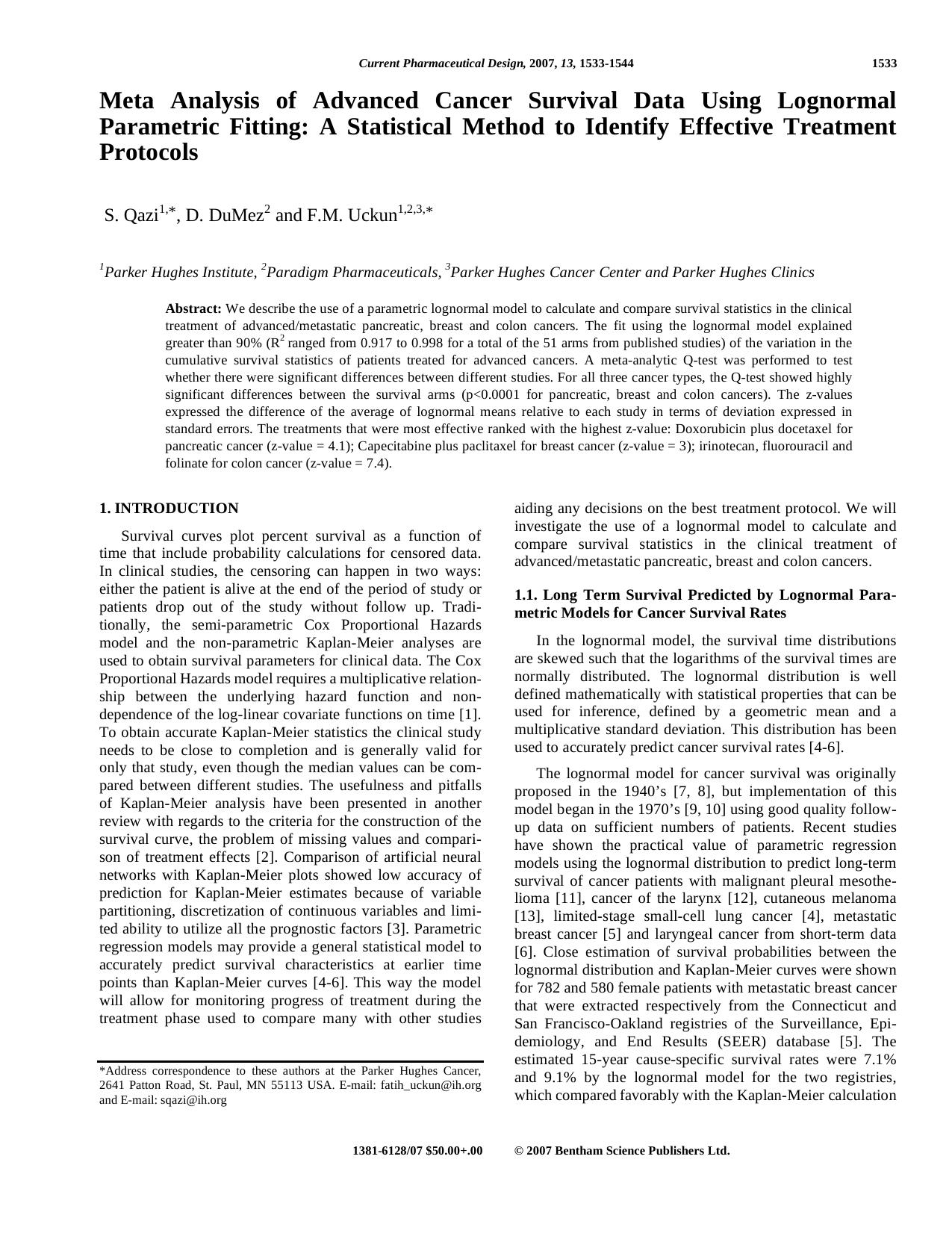 Meta Analysis of Advanced Cancer Survival Data Using Lognormal Parametric Fitting: A Statistical Method to Identify Effective Treatment Protocols by S. Qazi ; D. DuMez ; F. M. Uckun