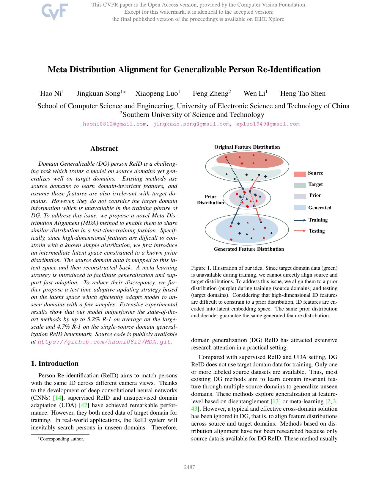 Meta Distribution Alignment for Generalizable Person Re-Identification by Hao Ni & Jingkuan Song & Xiaopeng Luo & Feng Zheng & Wen Li & Heng Tao Shen