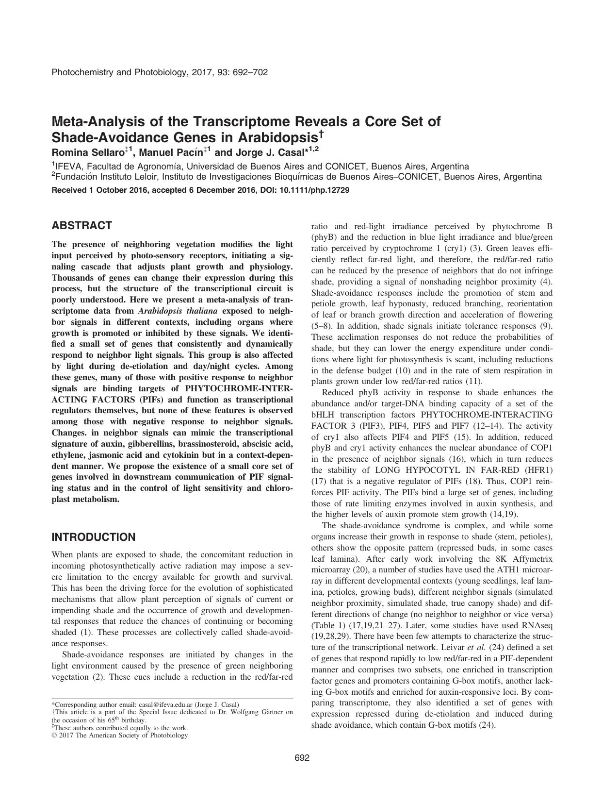 MetaâAnalysis of the Transcriptome Reveals a Core Set of ShadeâAvoidance Genes in Arabidopsis by Unknown
