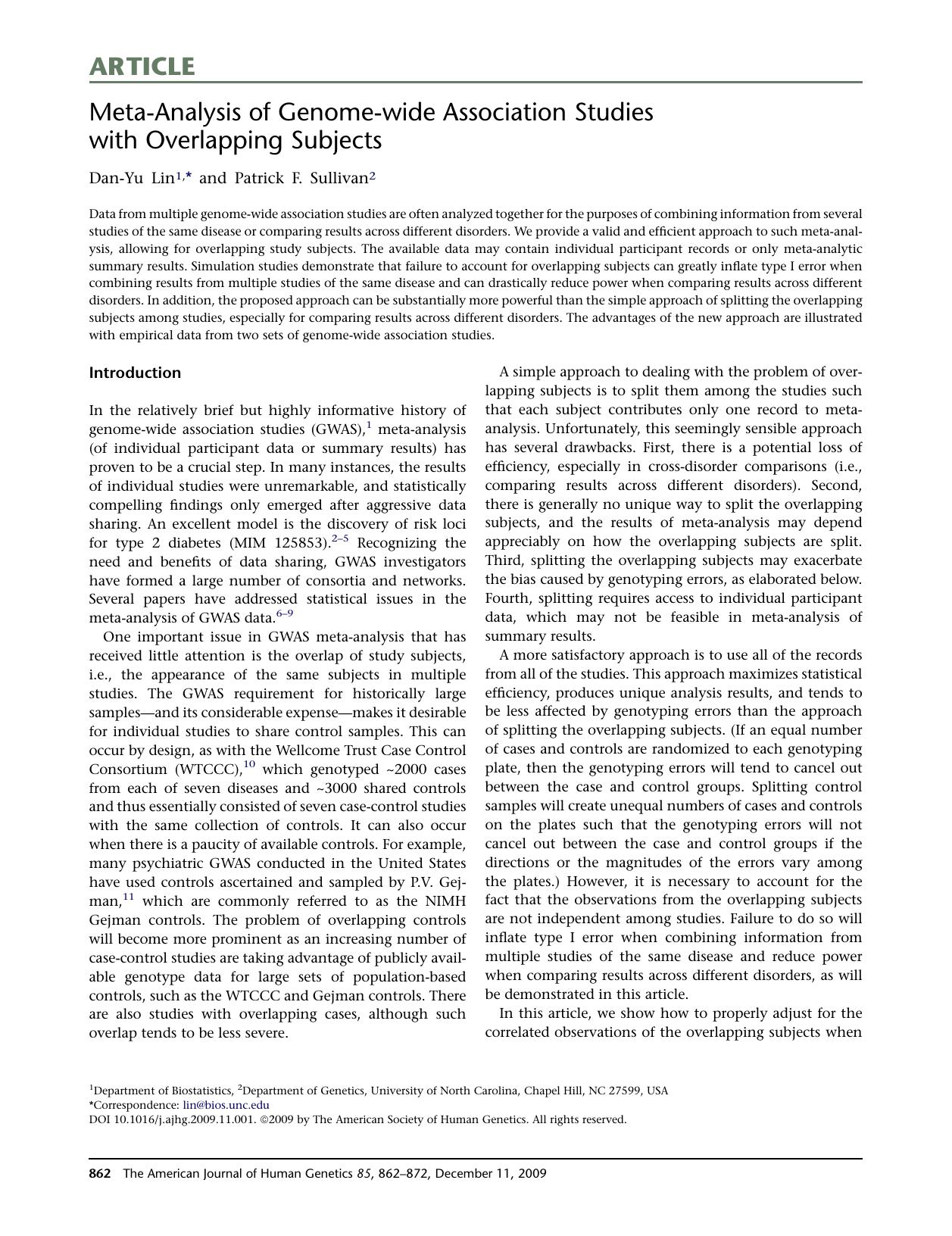 Meta-Analysis of Genome-wide Association Studies with Overlapping Subjects by Dan-Yu Lin; Patrick F. Sullivan