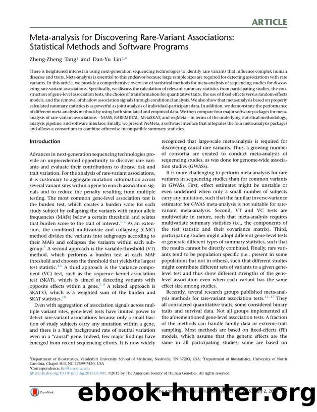 Meta-analysis for Discovering Rare-Variant Associations: Statistical Methods and Software Programs by Zheng-Zheng Tang & Dan-Yu Lin