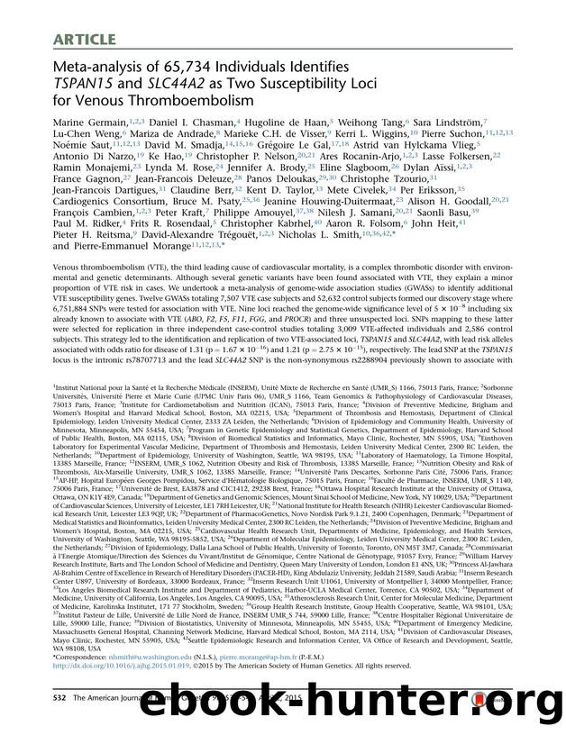 Meta-analysis of 65,734 Individuals Identifies TSPAN15 and SLC44A2 as Two Susceptibility Loci for Venous Thromboembolism by unknow