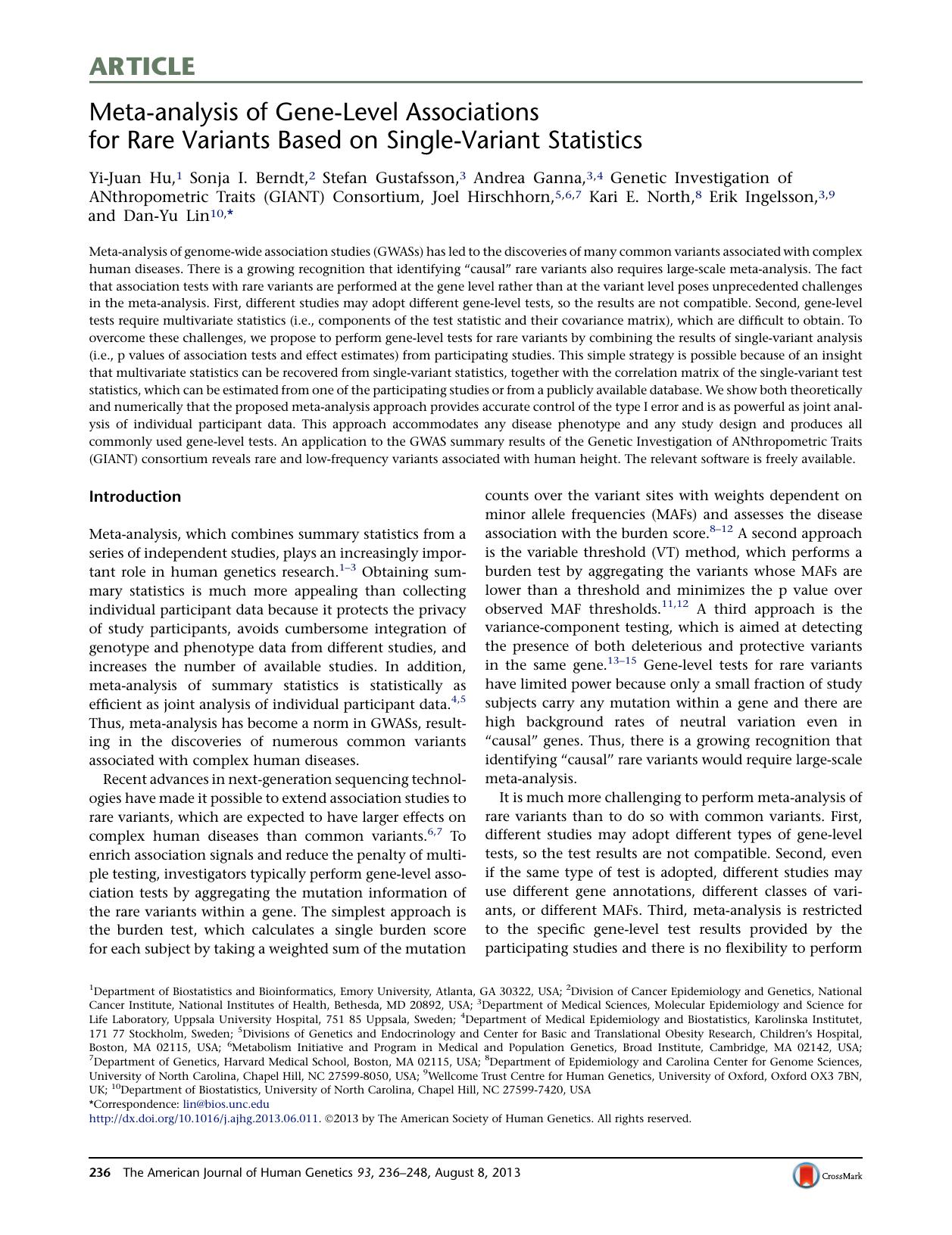Meta-analysis of Gene-Level Associations for Rare Variants Based on Single-Variant Statistics by unknow