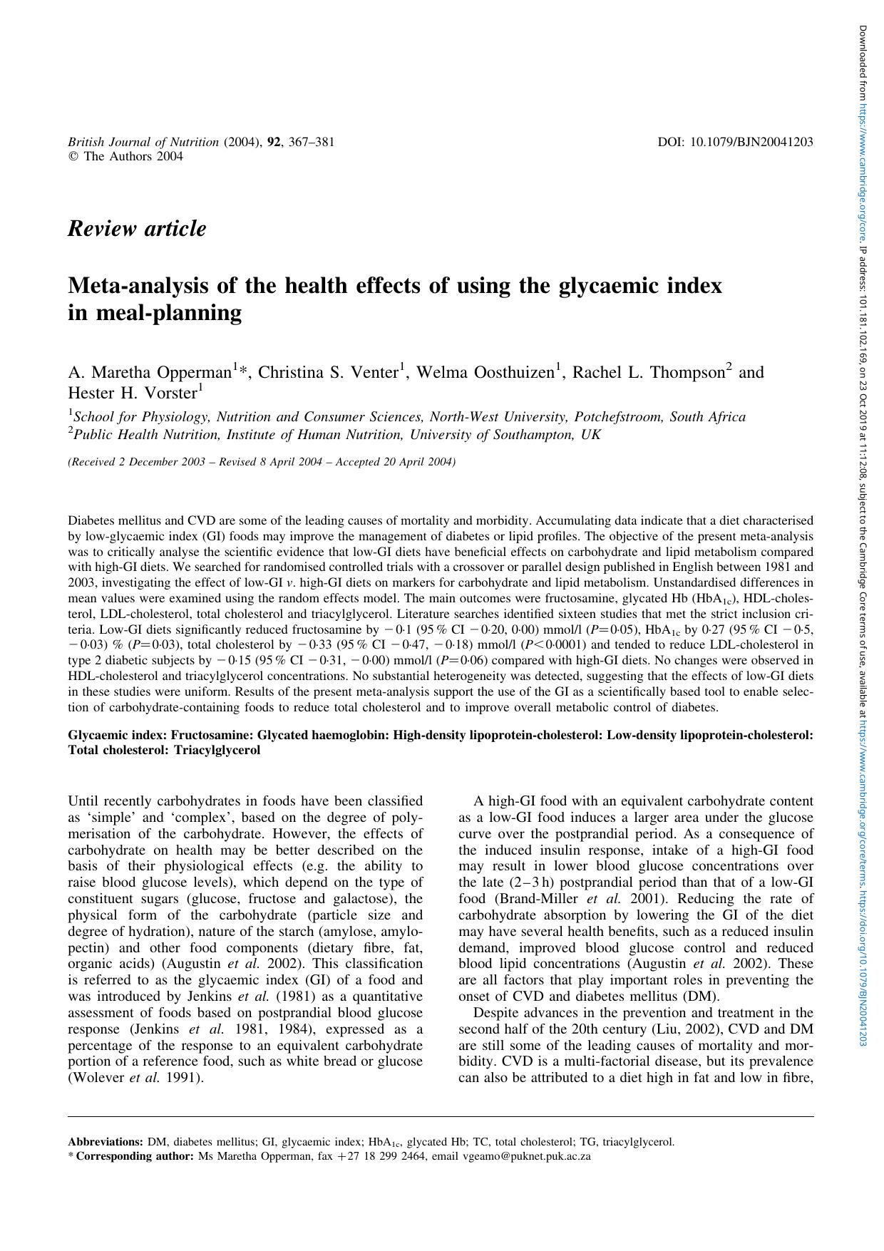 Meta-analysis of the health effects of using the glycaemic index in meal-planning by A. Maretha Opperman Christina S. Venter Welma Oosthuizen Rachel L. Thompson Hester H. Vorster