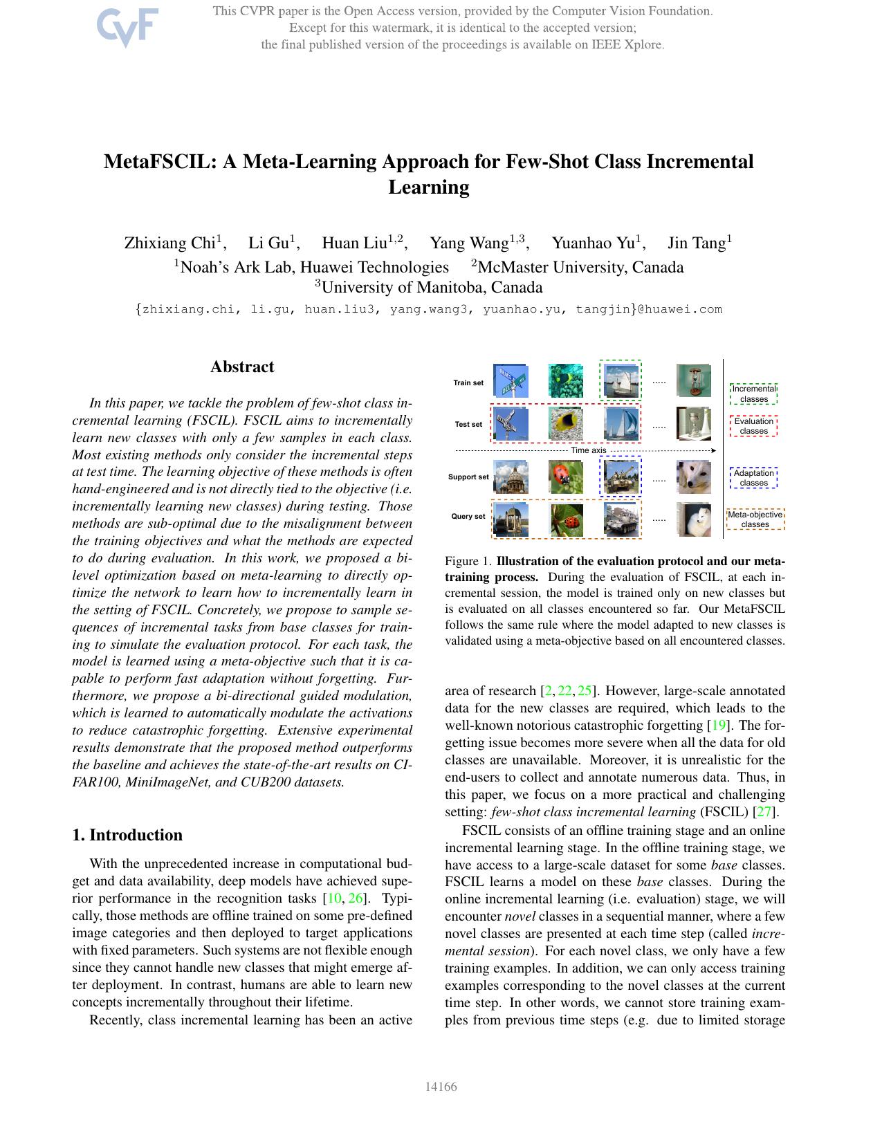 MetaFSCIL: A Meta-Learning Approach for Few-Shot Class Incremental Learning by Zhixiang Chi & Li Gu & Huan Liu & Yang Wang & Yuanhao Yu & Jin Tang
