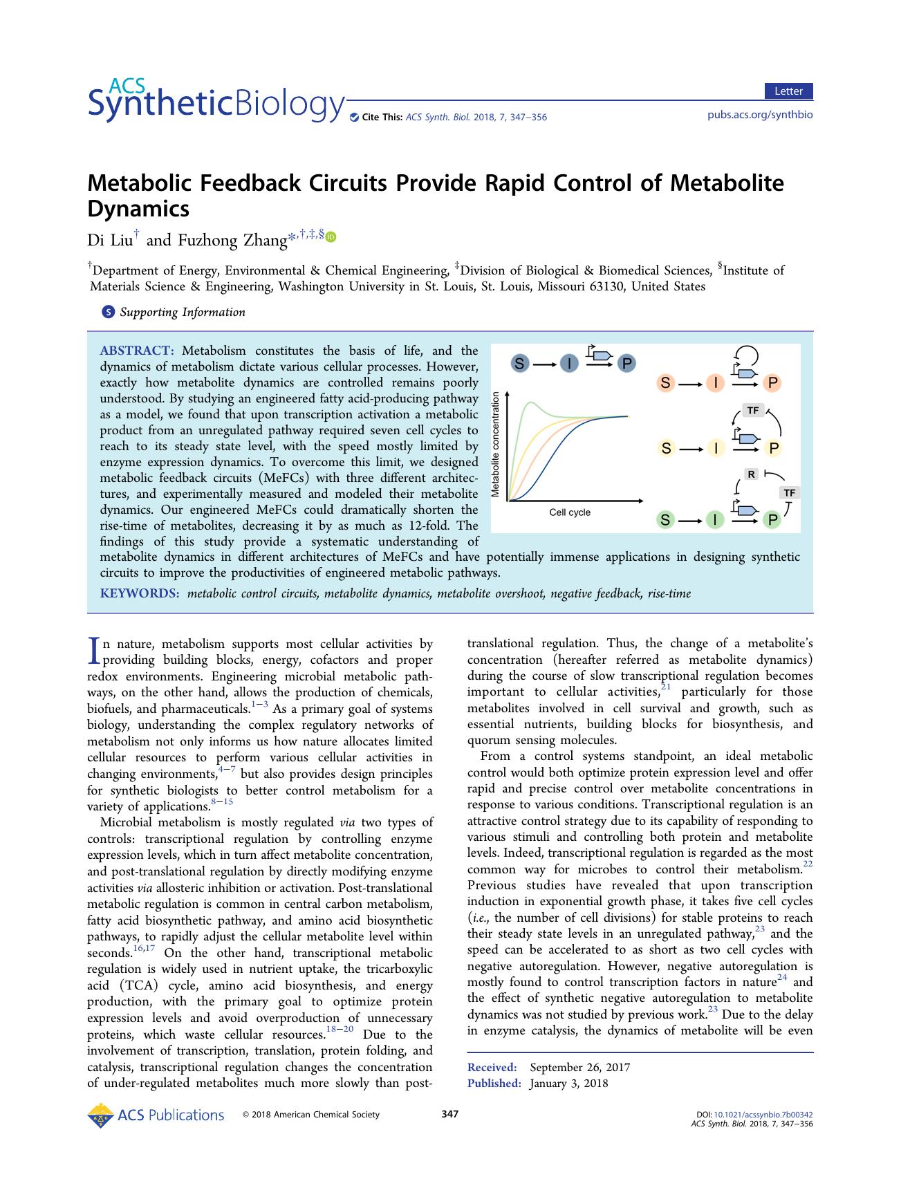 Metabolic Feedback Circuits Provide Rapid Control of Metabolite Dynamics by Di Liu and Fuzhong Zhang