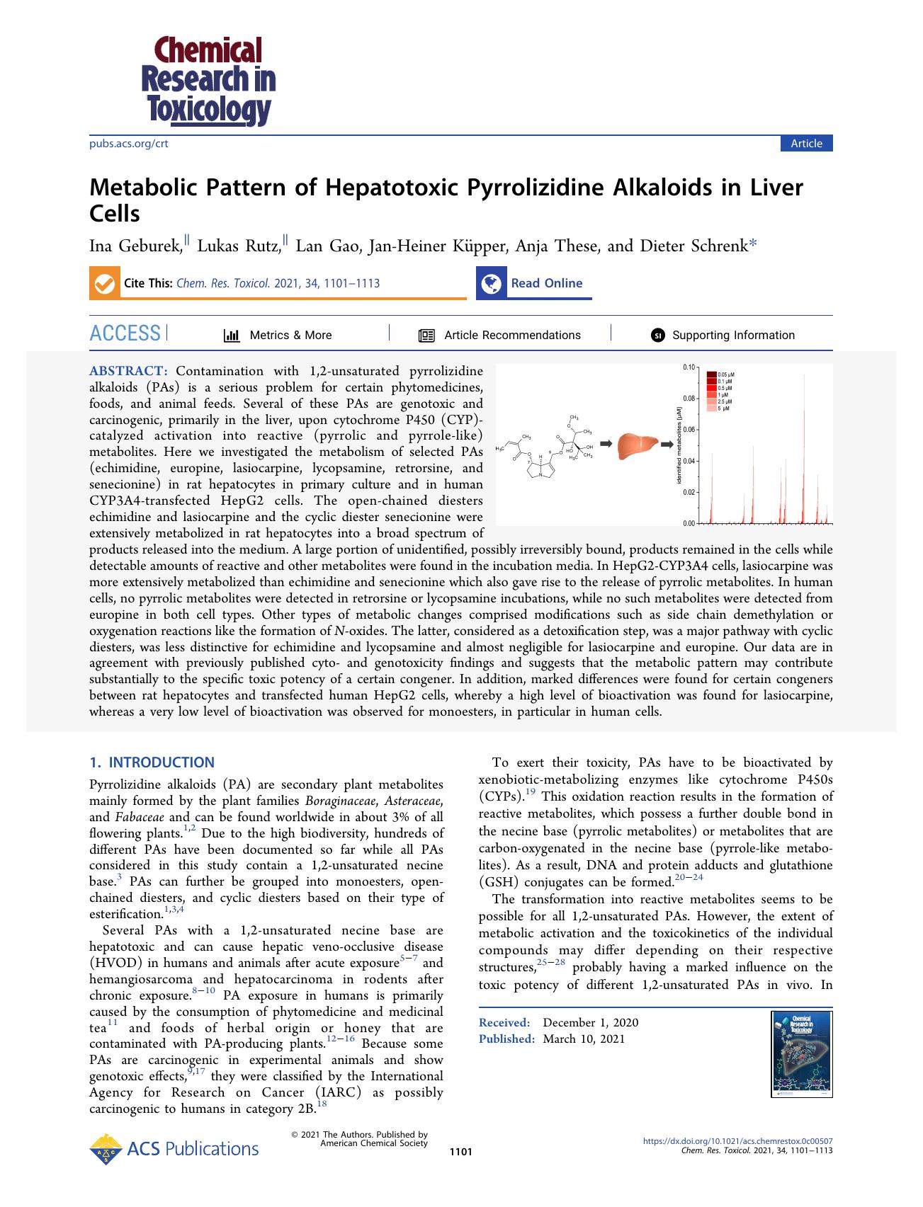 Metabolic Pattern of Hepatotoxic Pyrrolizidine Alkaloids in Liver Cells by Ina Geburek Lukas Rutz Lan Gao Jan-Heiner Küpper Anja These and Dieter Schrenk