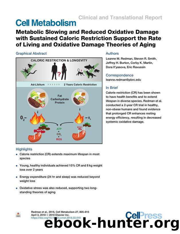 Metabolic Slowing and Reduced Oxidative Damage with Sustained Caloric Restriction Support the Rate of Living and Oxidative Damage Theories of Aging by unknow