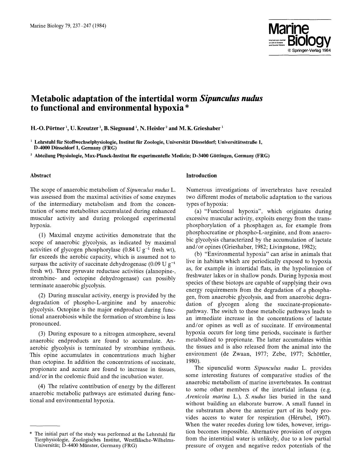 Metabolic adaptation of the intertidal worm <Emphasis Type="Italic">Sipunculus nudus<Emphasis> to functional and environmental hypoxia by Unknown