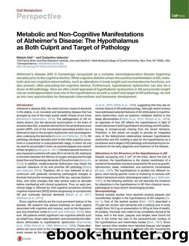 Metabolic and Non-Cognitive Manifestations of Alzheimer's Disease: The Hypothalamus as Both Culprit and Target of Pathology by Makoto Ishii & Costantino Iadecola