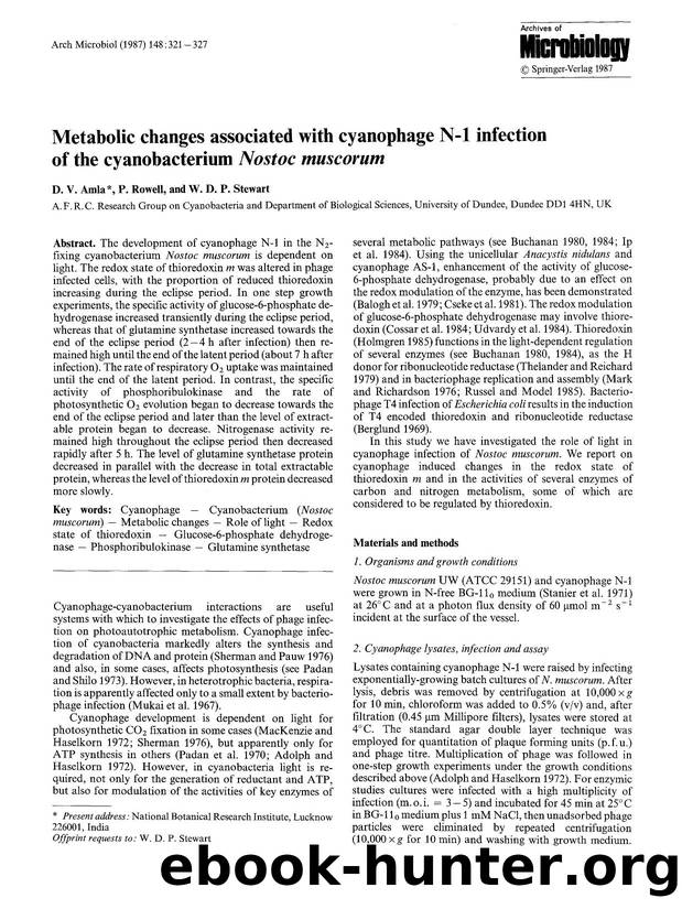 Metabolic changes associated with cyanophage N-1 infection of the cyanobacterium <Emphasis Type="Italic">Nostoc muscorum<Emphasis> by Unknown