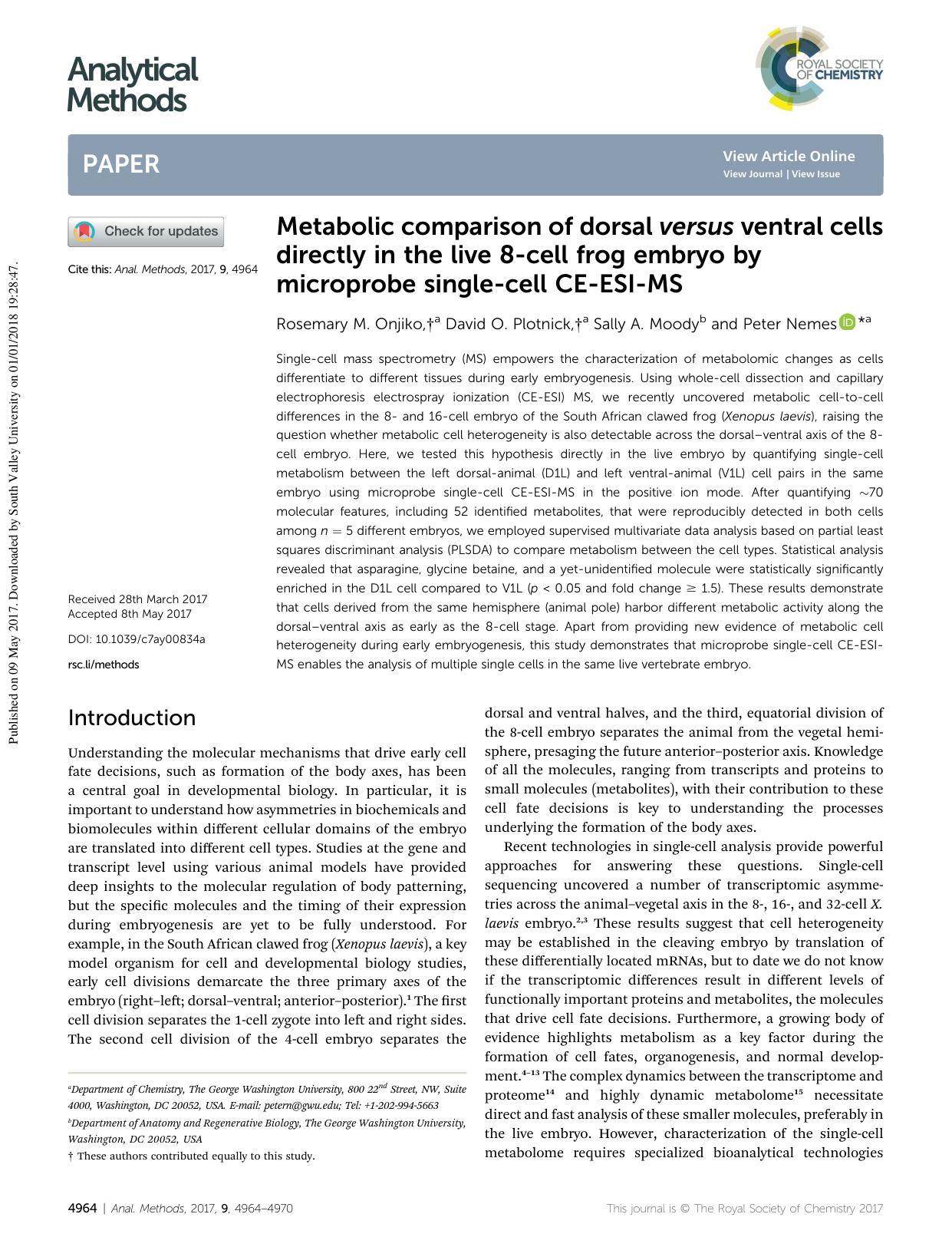 Metabolic comparison of dorsal versus ventral cells directly in the live 8-cell frog embryo by microprobe single-cell CE-ESI-MS by Rosemary M. Onjiko & David O. Plotnick & Sally A. Moody & Peter Nemes
