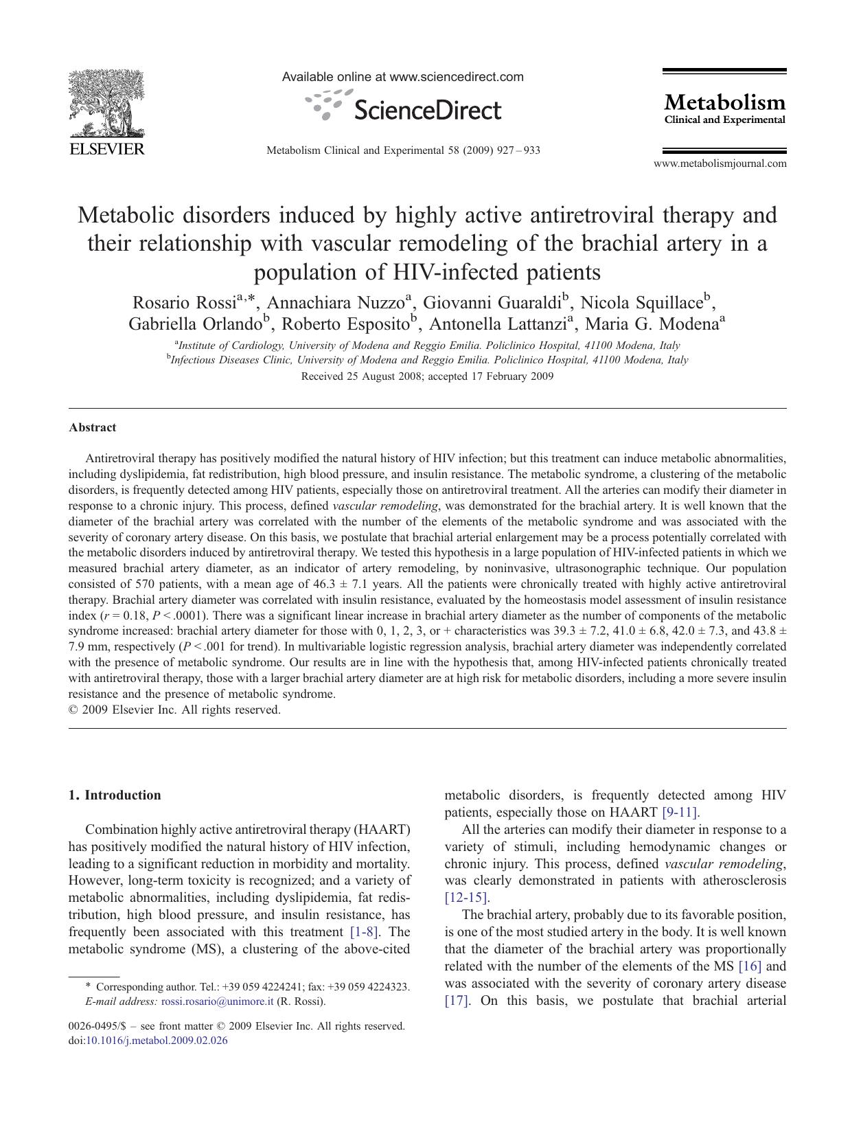 Metabolic disorders induced by highly active antiretroviral therapy and their relationship with vascular remodeling of the brachial artery in a population of HIV-infected patients by unknow