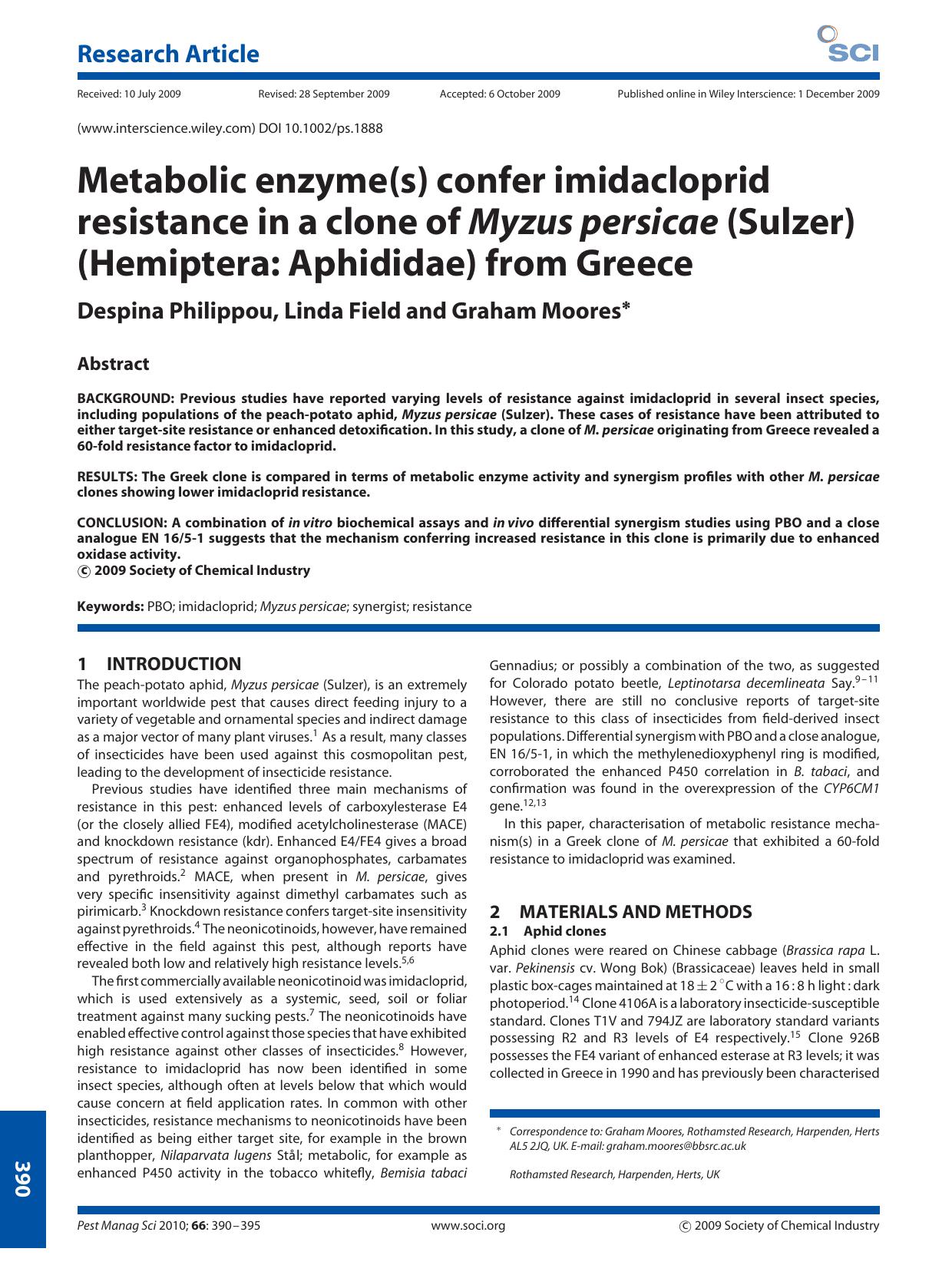 Metabolic enzyme(s) confer imidacloprid resistance in a clone of Myzus persicae (Sulzer) (Hemiptera: Aphididae) from Greece by Unknown