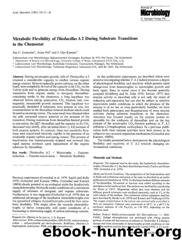 Metabolic flexibility of  <Emphasis Type="Italic">Thiobacillus <Emphasis> A 2 during substrate transitions in the chemostat by Unknown