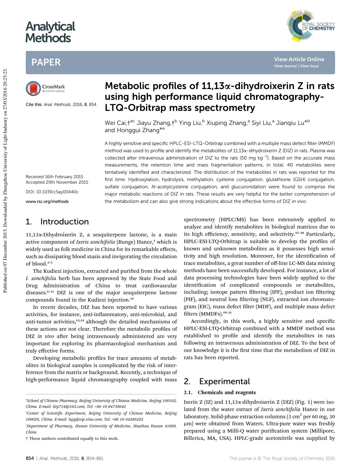 Metabolic profiles of 11,13Î±-dihydroixerin Z in rats using high performance liquid chromatography-LTQ-Orbitrap mass spectrometry by Wei Cai & Jiayu Zhang & Ying Liu & Xiuping Zhang & Siyi Liu & Jianqiu Lu & Honggui Zhang