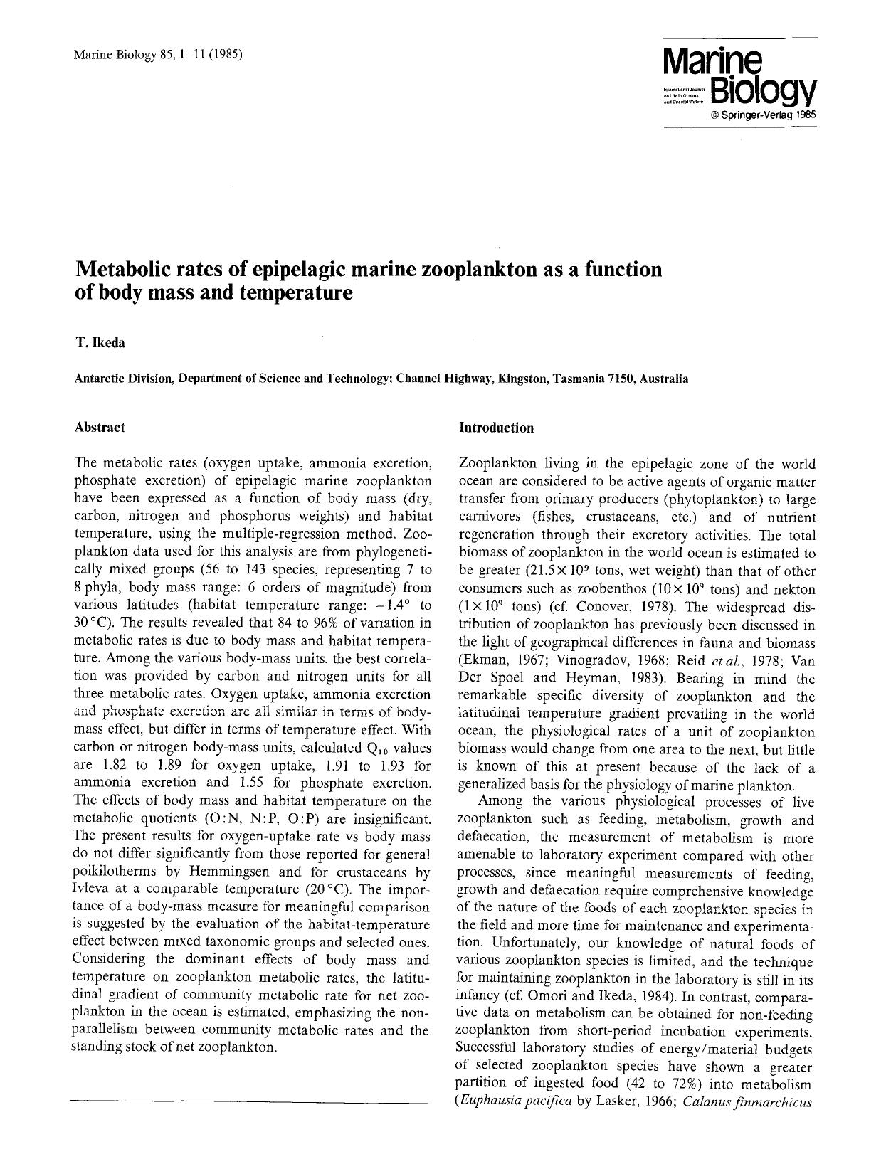 Metabolic rates of epipelagic marine zooplankton as a function of body mass and temperature by Unknown