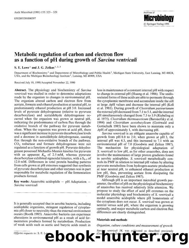 Metabolic regulation of carbon and electron flow as a function of pH during growth of <Emphasis Type="Italic">Sarcina ventriculi<Emphasis> by Unknown