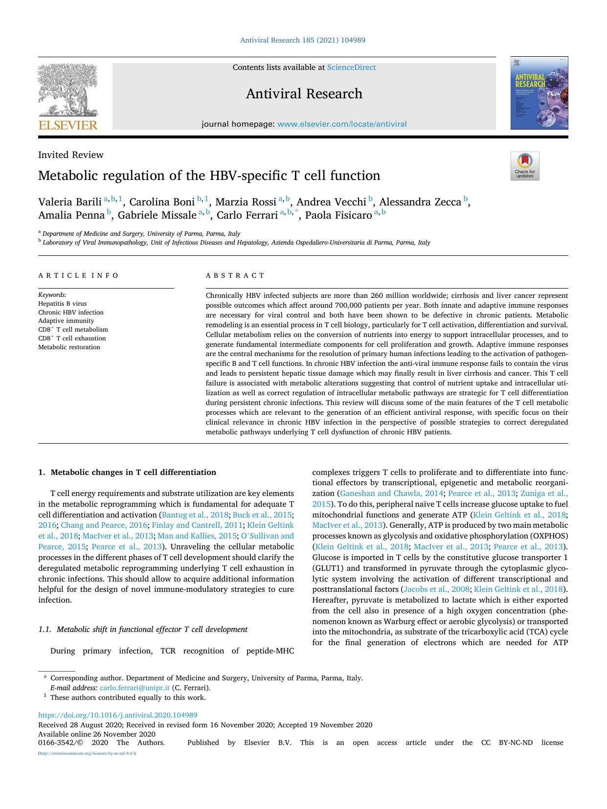 Metabolic regulation of the HBV-specific T cell function by Valeria Barili