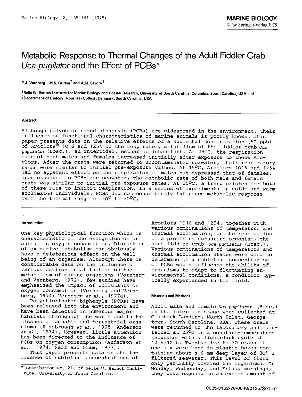 Metabolic response to thermal changes of the adult fiddler crab <Emphasis Type="Italic">Uca pugilator<Emphasis> and the effect of PCBs by Unknown