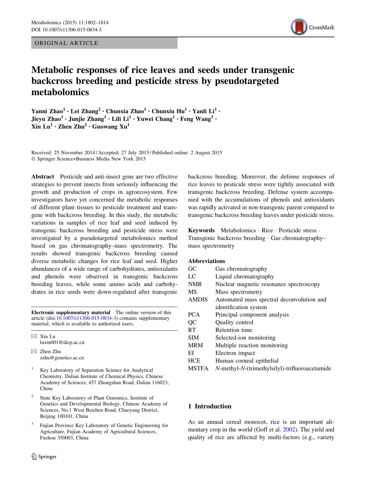 Metabolic responses of rice leaves and seeds under transgenic backcross breeding and pesticide stress by pseudotargeted metabolomics by unknow