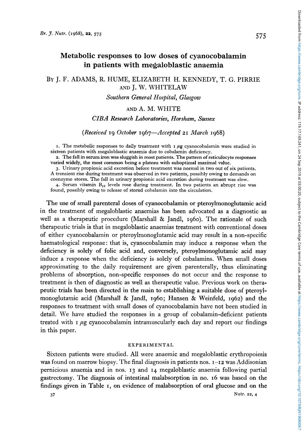Metabolic responses to low doses of cyanocobalamin in patients with megaloblastic anaemia by J. F. Adams R. Hume Elizabeth H. Kennedy T. G. Pirrie J. W. Whitelaw & A. M. White