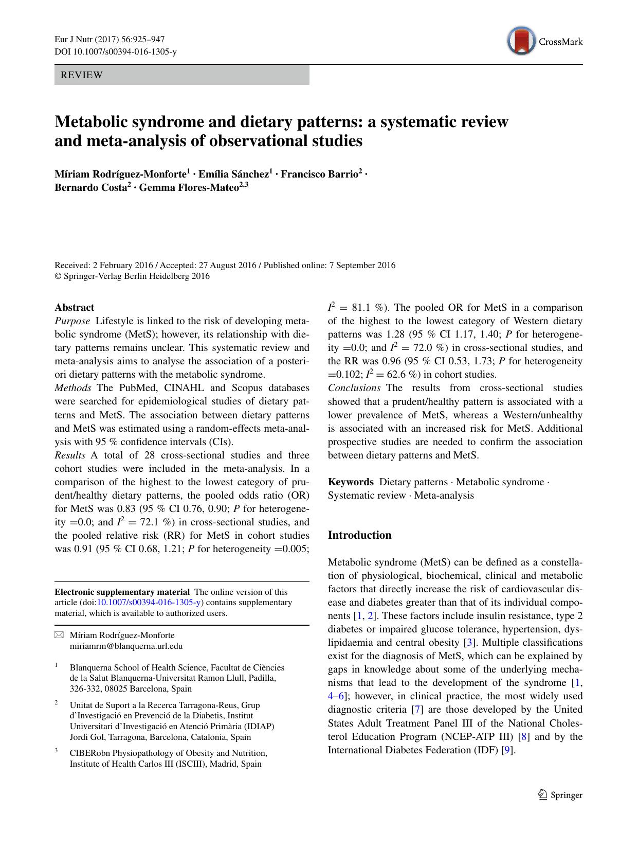 Metabolic syndrome and dietary patterns: a systematic review and meta-analysis of observational studies by unknow