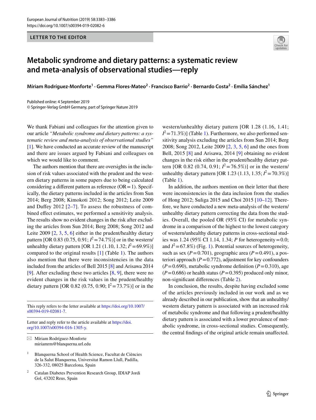 Metabolic syndrome and dietary patterns: a systematic review and meta-analysis of observational studiesâreply by unknow