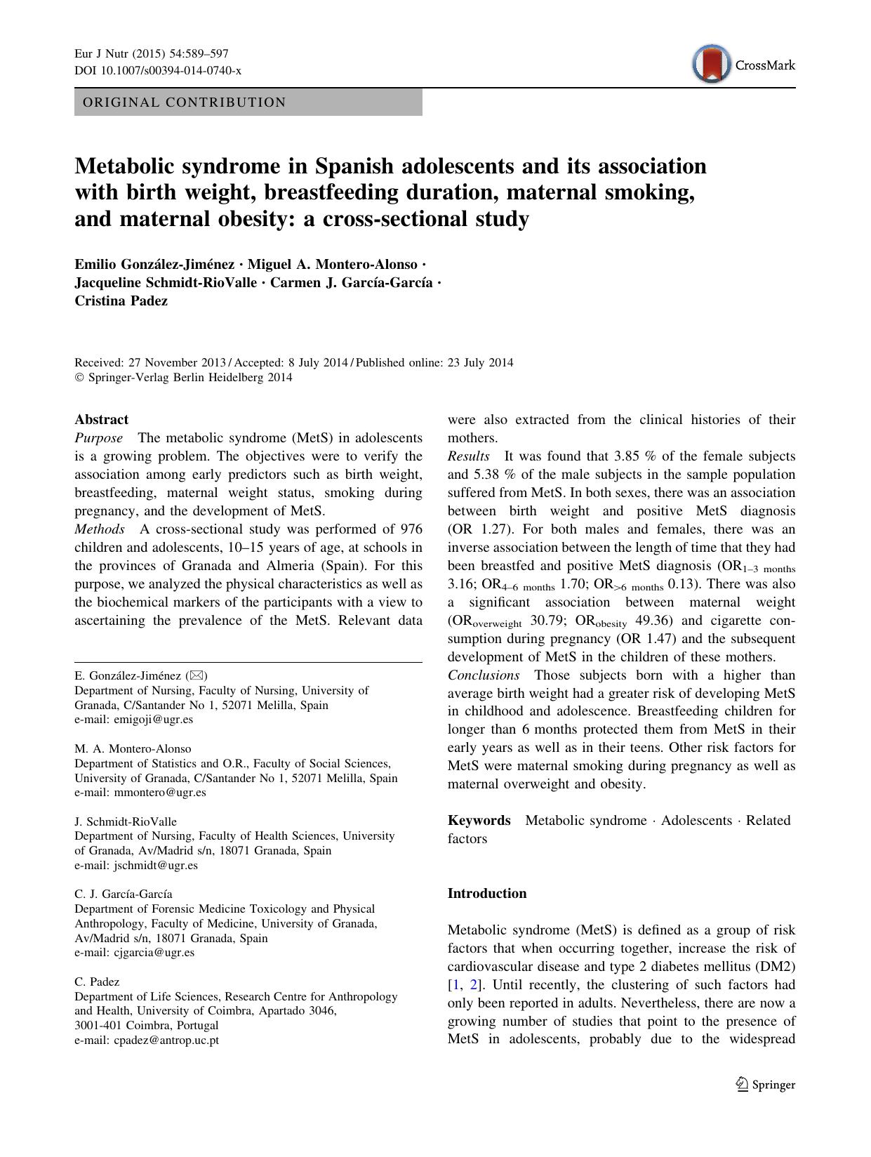 Metabolic syndrome in Spanish adolescents and its association with birth weight, breastfeeding duration, maternal smoking, and maternal obesity: a cross-sectional study by unknow