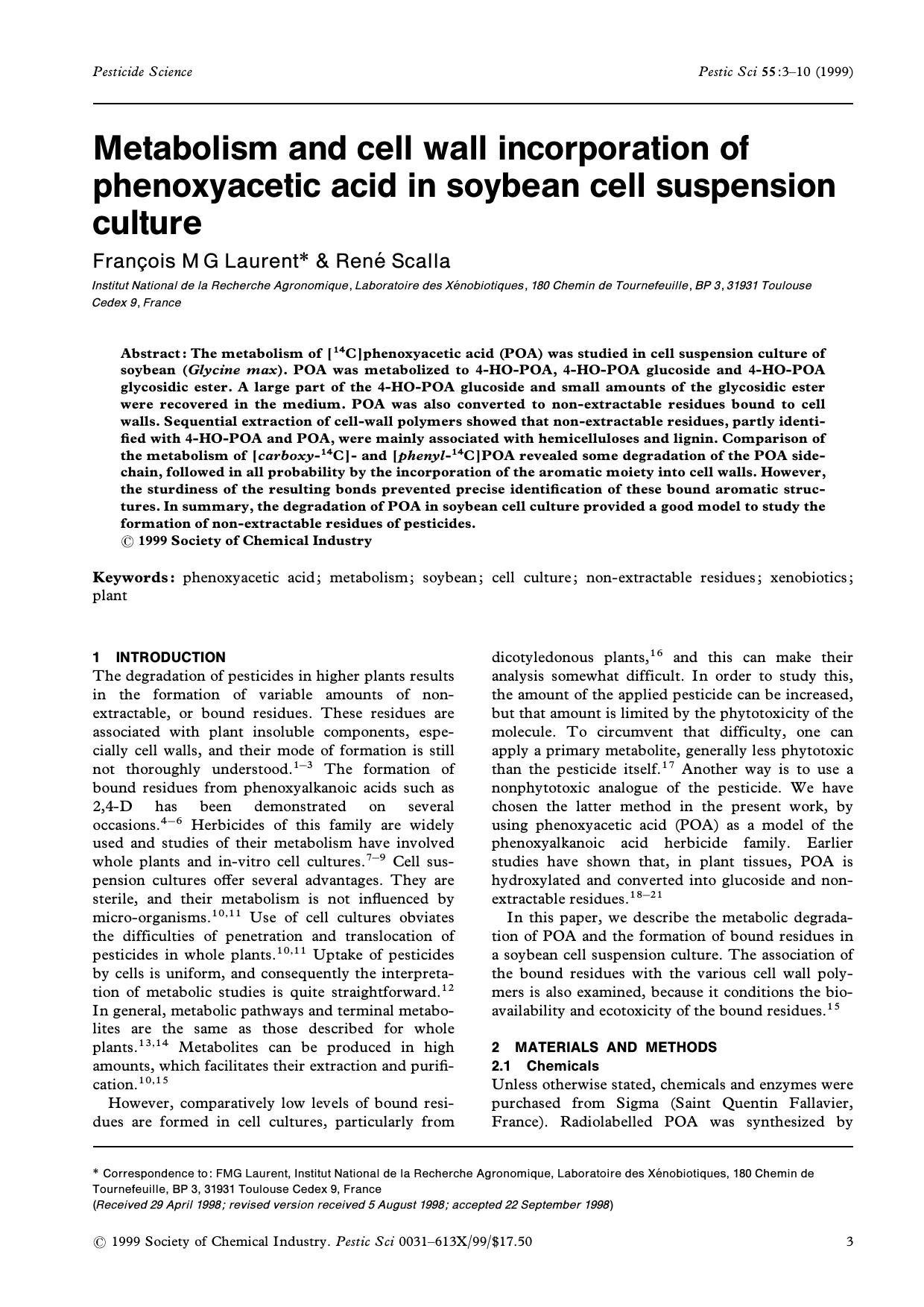 Metabolism and cell wall incorporation of phenoxyacetic acid in soybean cell suspension culture by Unknown