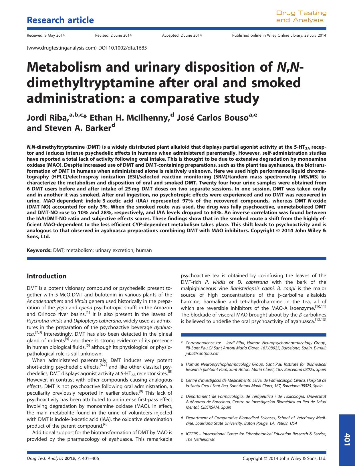 Metabolism and urinary disposition of N,N-dimethyltryptamine after oral and smoked administration: a comparative study by Jordi Riba & Ethan H. McIlhenny & José Carlos Bouso & Steven A. Barker