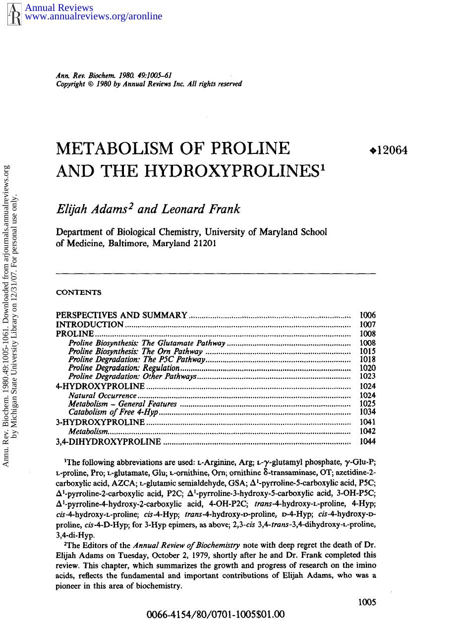 Metabolism of Proline and the Hydroxyprolines by E Adams & L Frank