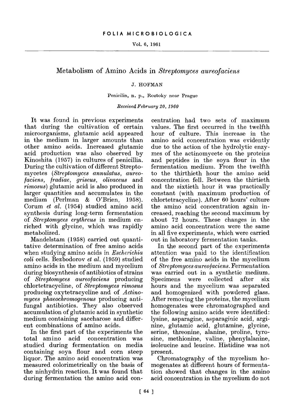 Metabolism of amino acids in <Emphasis Type="Italic">Streptomyces aureofaciens <Emphasis> by Unknown