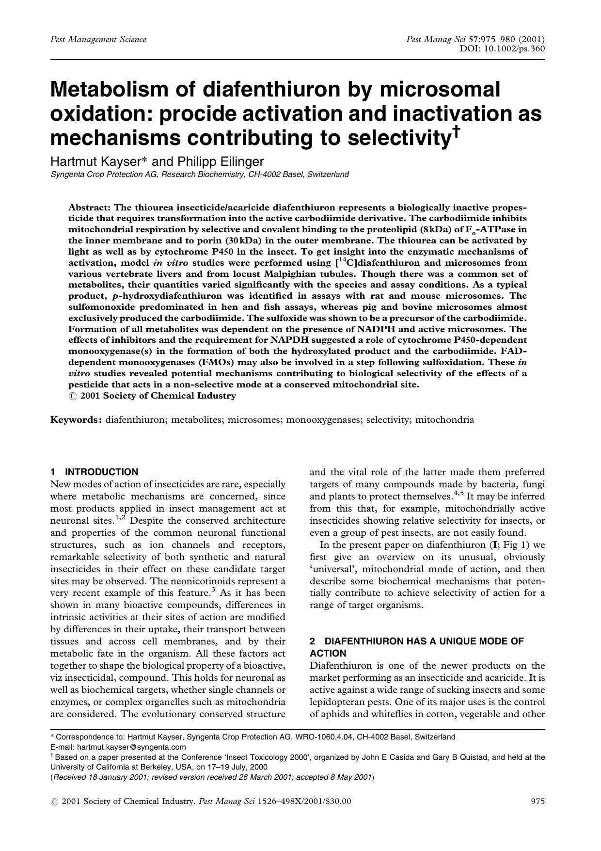 Metabolism of diafenthiuron by microsomal oxidation: procide activation and inactivation as mechanisms contributing to selectivity by Unknown