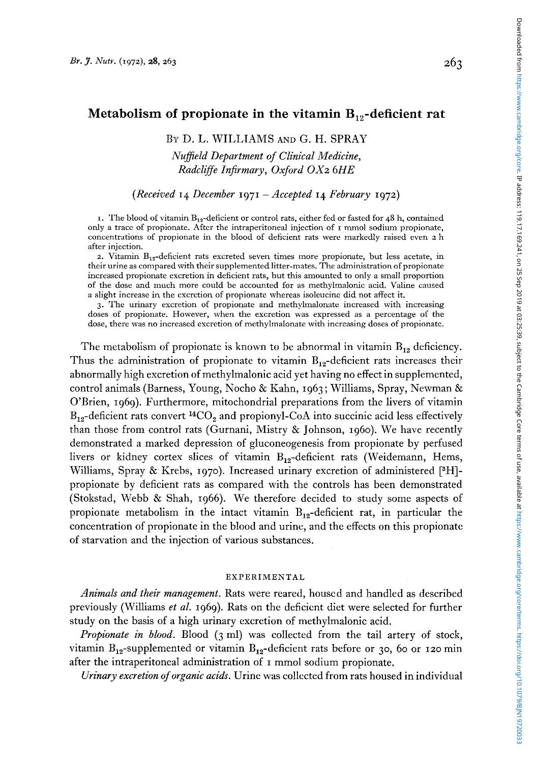 Metabolism of propionate in the vitamin B12-deficient rat by D. L. Williams G. H. Spray