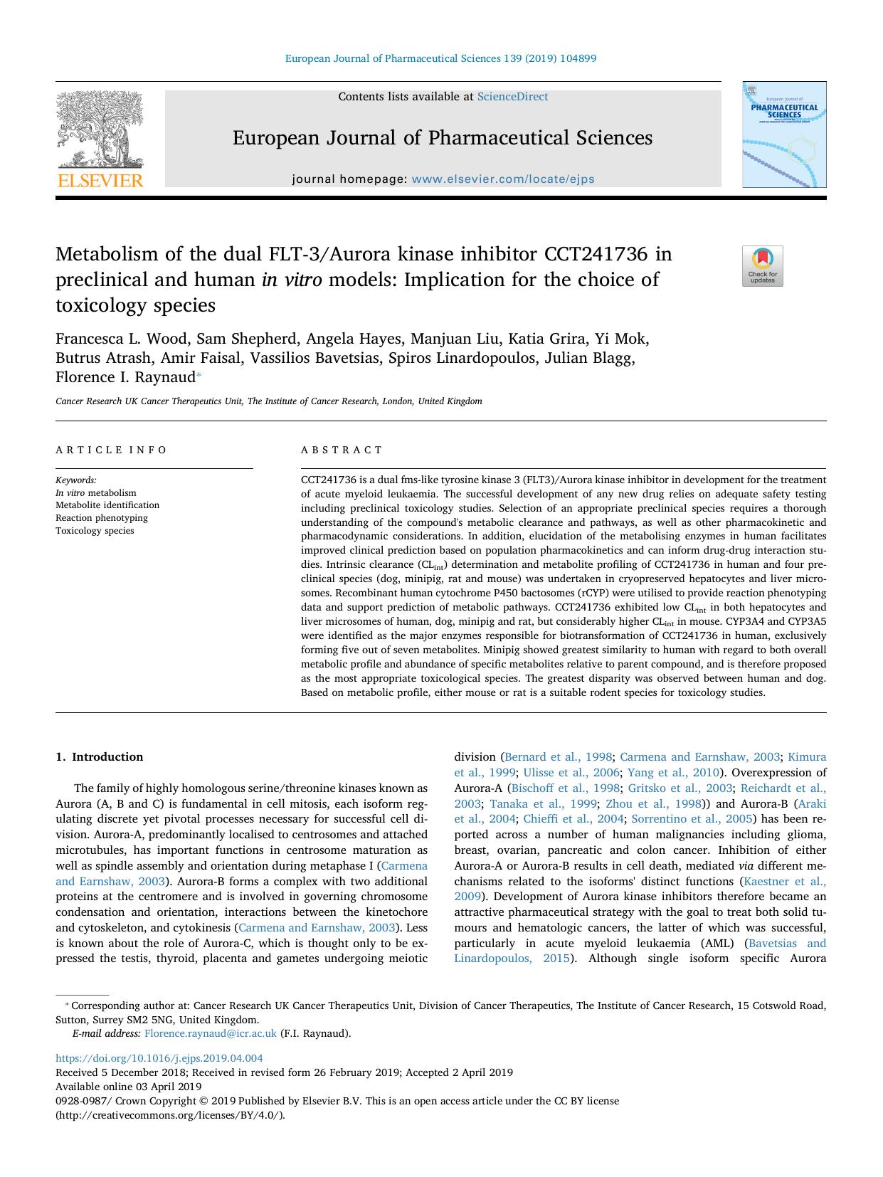 Metabolism of the dual FLT-3Aurora kinase inhibitor CCT241736 in preclinical and human in vitro models_ Implication for the choice of toxicology species by unknow