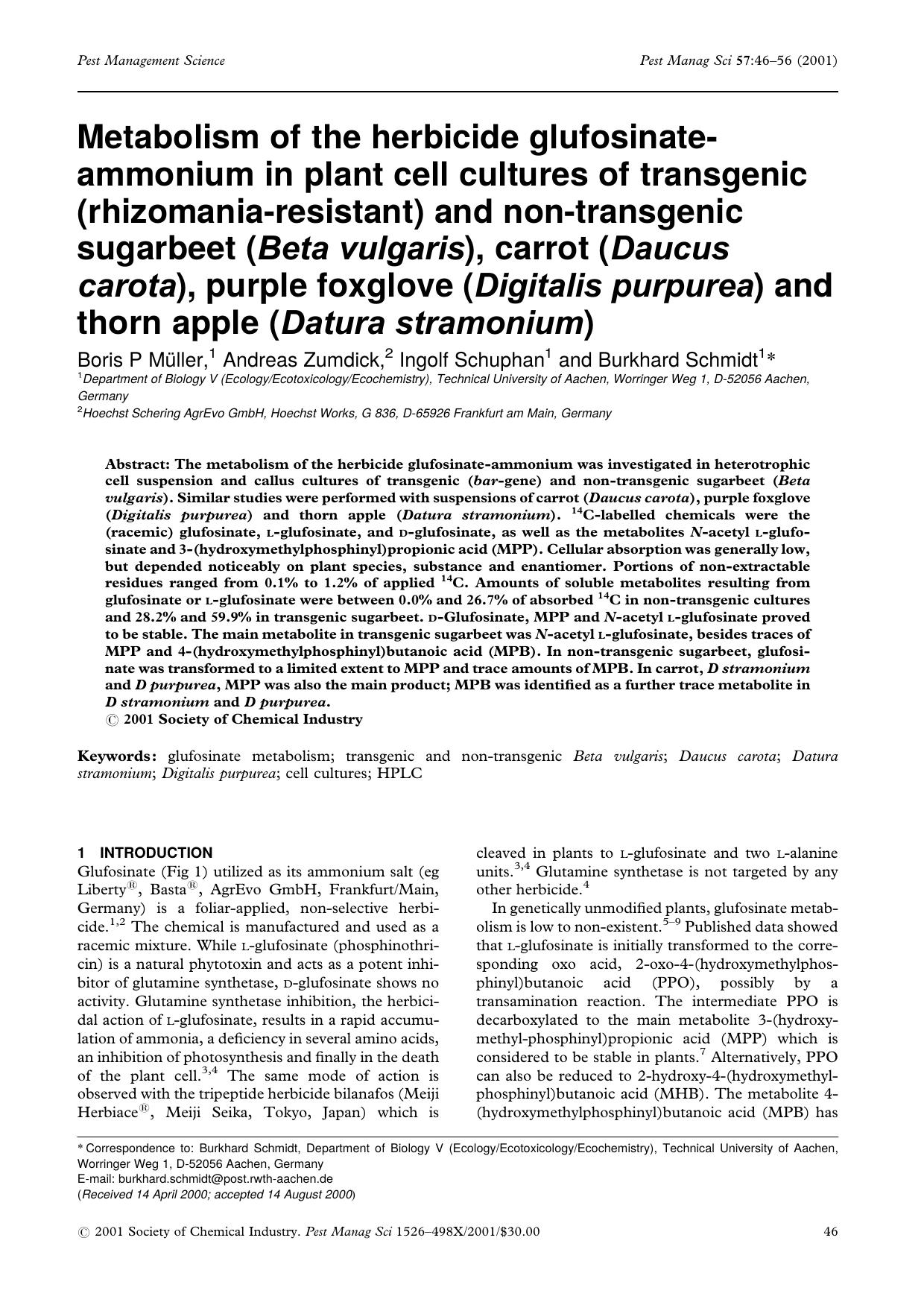 Metabolism of the herbicide glufosinate-ammonium in plant cell cultures of transgenic (rhizomania-resistant) and non-transgenic sugarbeet (Beta vulgaris), carrot (Daucus carota), p by Unknown