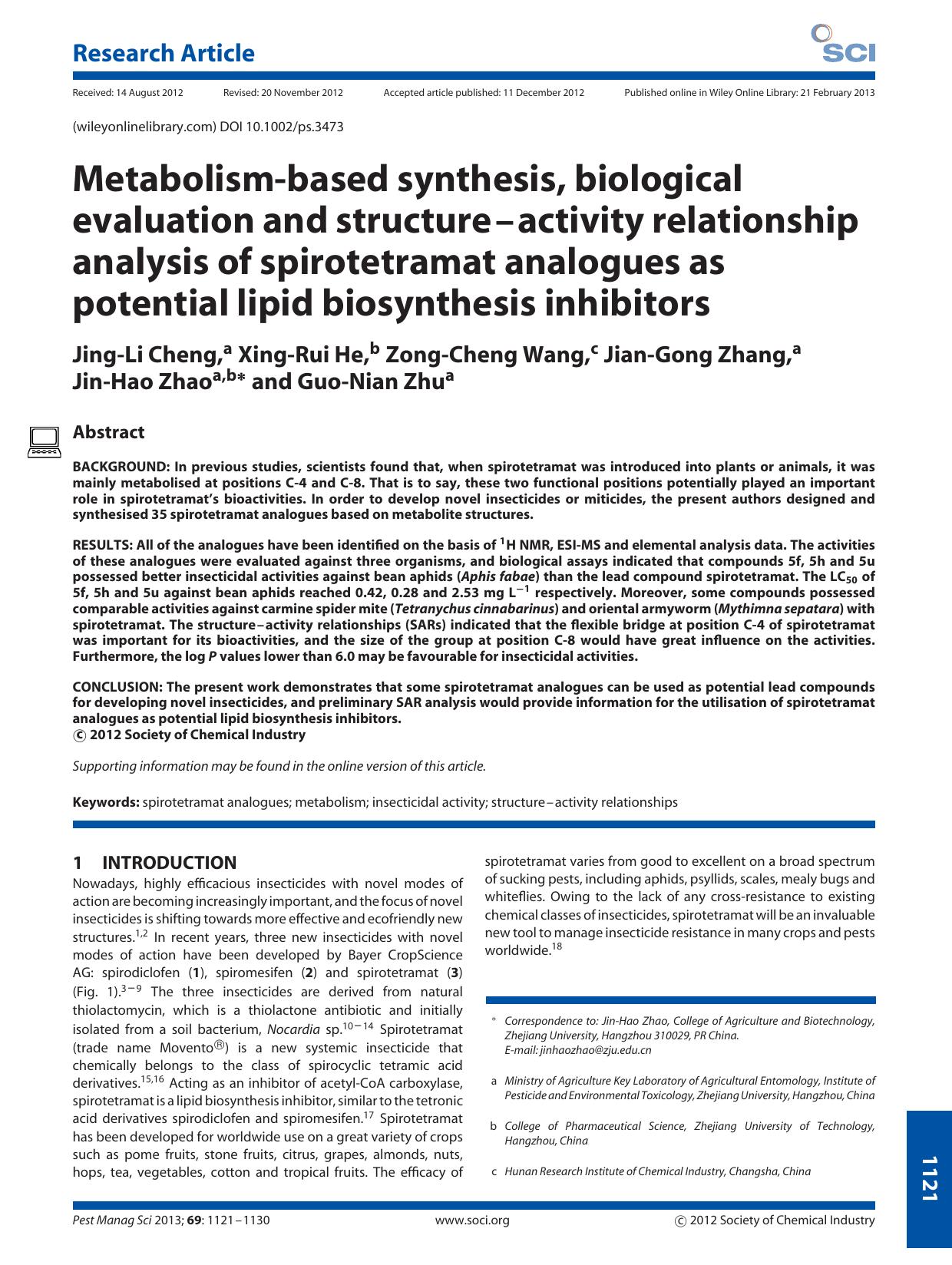 Metabolismbased synthesis, biological evaluation and structureactivity relationship analysis of spirotetramat analogues as potential lipid biosynthesis inhibitors by Unknown