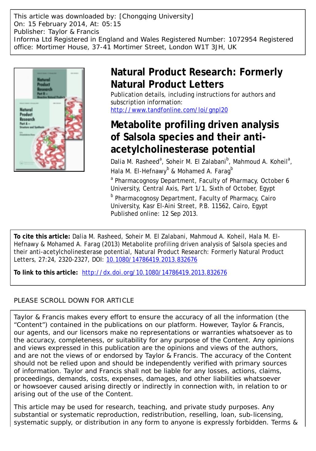 Metabolite profiling driven analysis of Salsola species and their anti- by Dalia M. Rasheed & Soheir M. El Zalabani & Mahmoud A. Koheil & Hala M. El-Hefnawy & Mohamed A. Farag